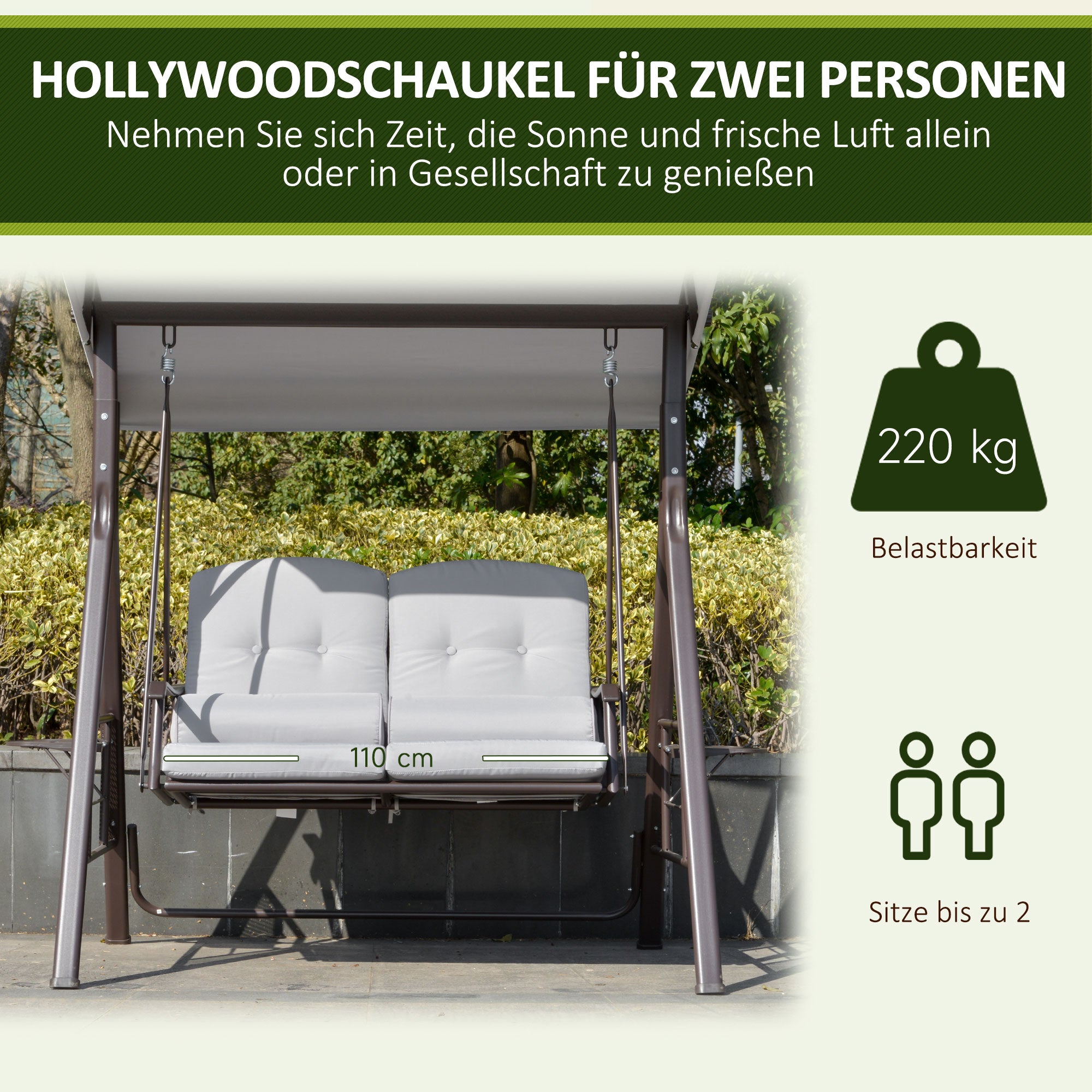 2-Seater Hollywood Swing Garden Swing with Sunshade Cushion Tray Metal Polyester Gray 162 x 118 x 173 cm