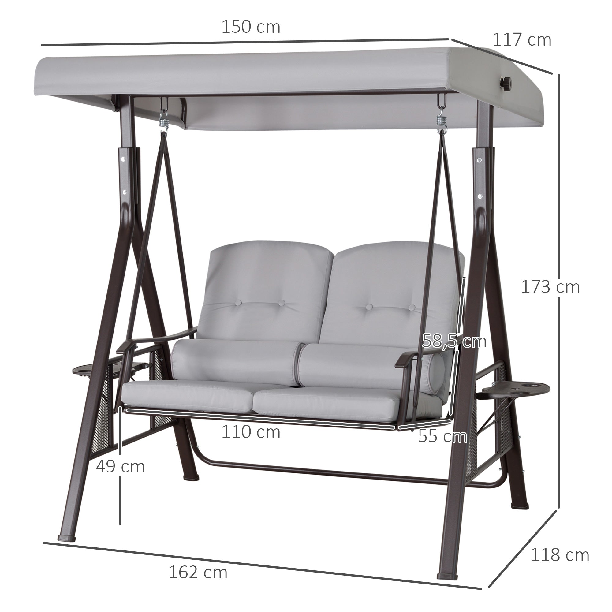 2-Seater Hollywood Swing Garden Swing with Sunshade Cushion Tray Metal Polyester Gray 162 x 118 x 173 cm