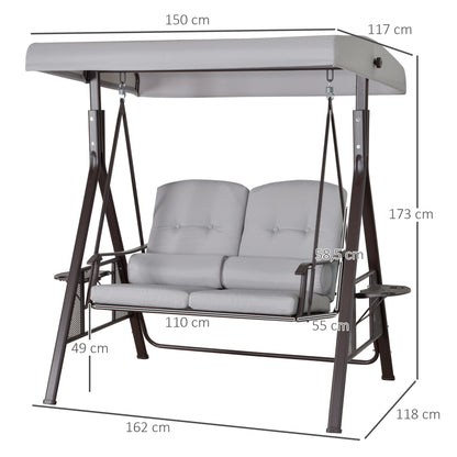 2-Seater Hollywood Swing Garden Swing with Sunshade Cushion Tray Metal Polyester Gray 162 x 118 x 173 cm