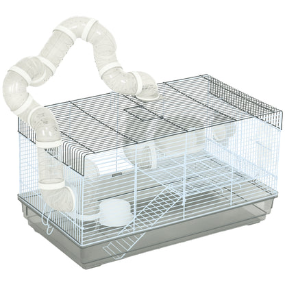 Hamster Cage, Rodent Cage, with Tunnel and Accessories Included, Hamster Cage, Handle, Steel Wire, 58 x 32 x 31 cm, Gray
