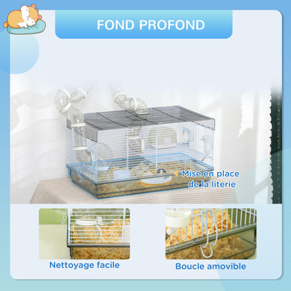 Hamster Cage, Rodent Cage, with Tunnel and Accessories Included, Hamster Cage, Handle, Steel Wire, 58 x 32 x 31 cm, Gray