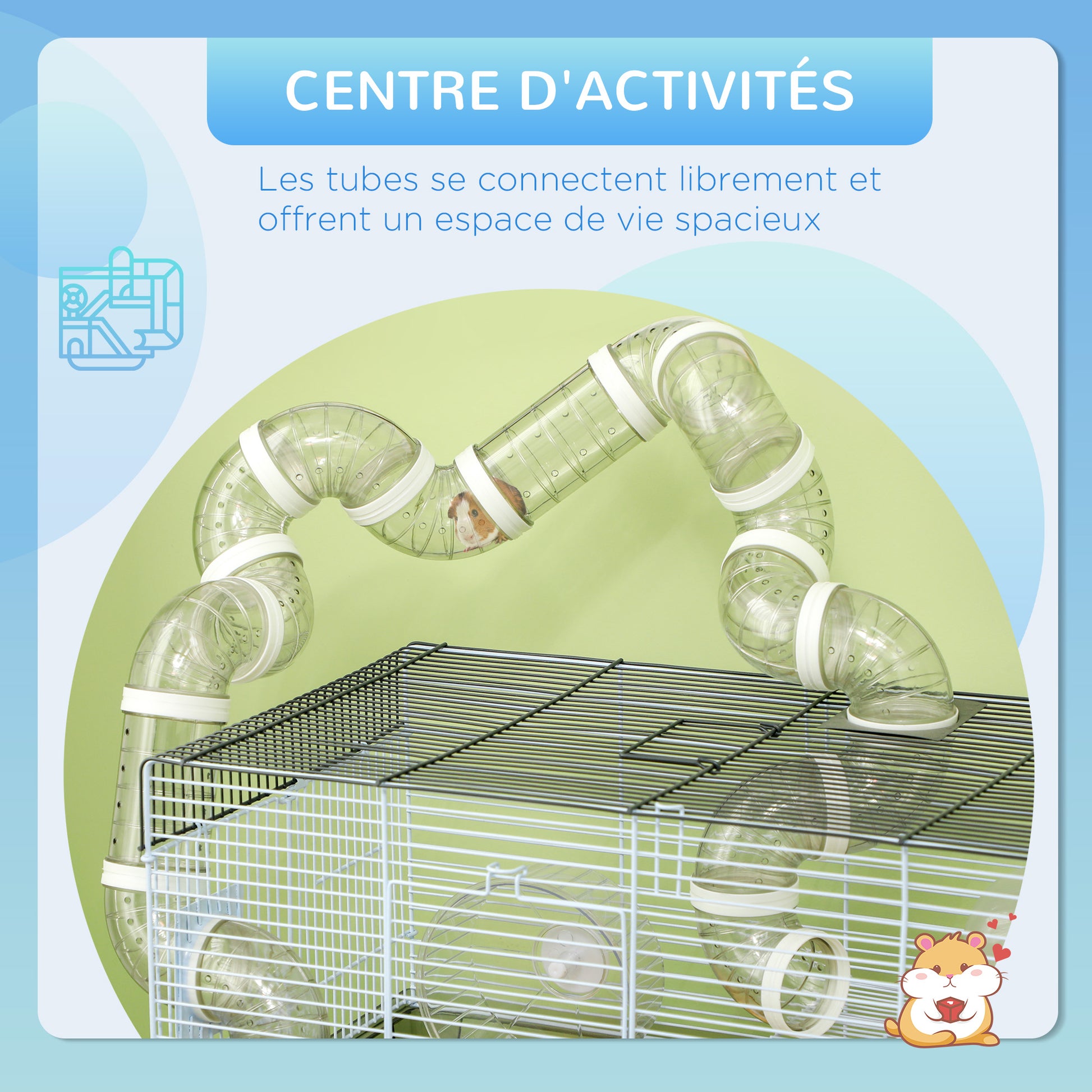 Hamster Cage, Rodent Cage, with Tunnel and Accessories Included, Hamster Cage, Handle, Steel Wire, 58 x 32 x 31 cm, Gray