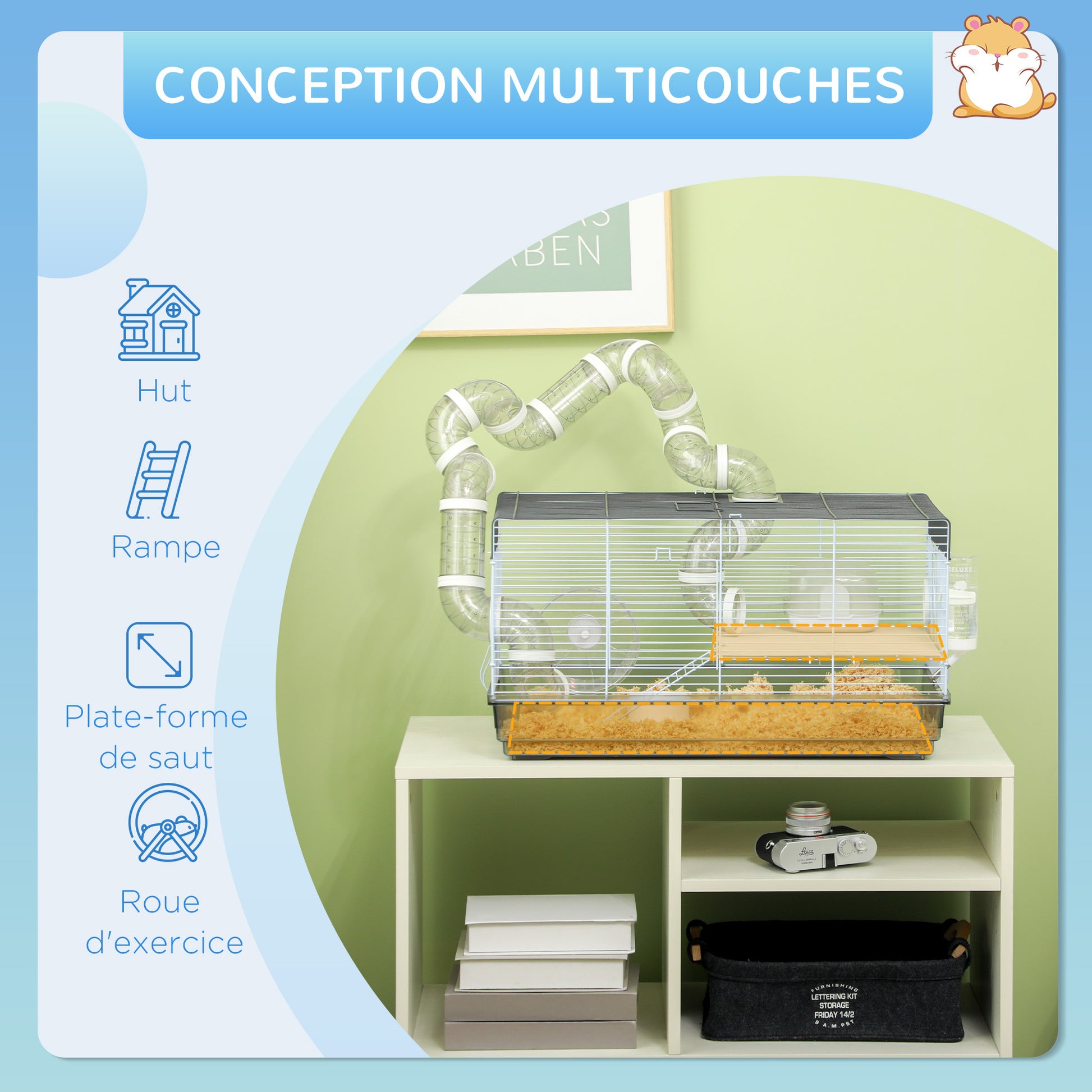 Hamster Cage, Rodent Cage, with Tunnel and Accessories Included, Hamster Cage, Handle, Steel Wire, 58 x 32 x 31 cm, Gray