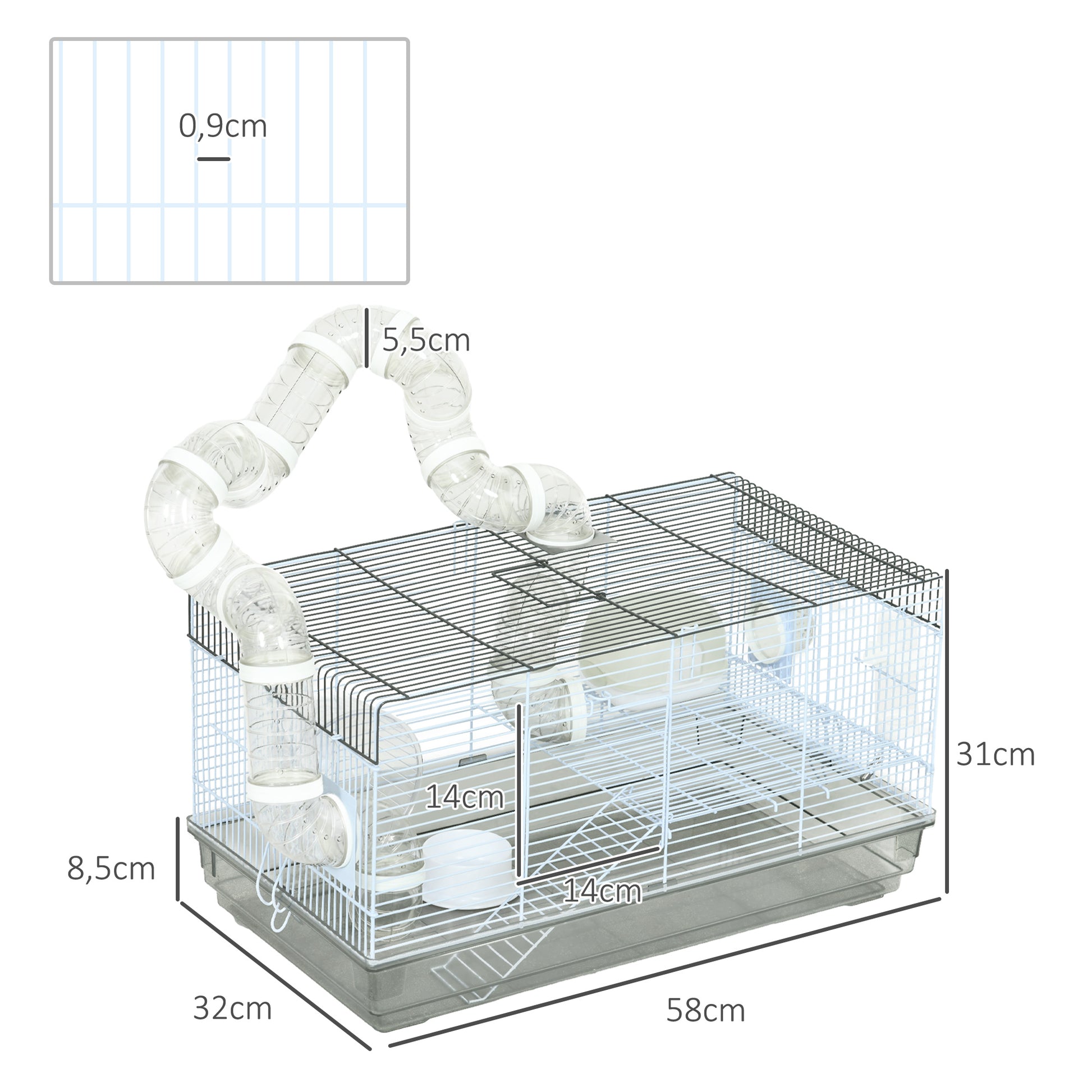 Hamster Cage, Rodent Cage, with Tunnel and Accessories Included, Hamster Cage, Handle, Steel Wire, 58 x 32 x 31 cm, Gray
