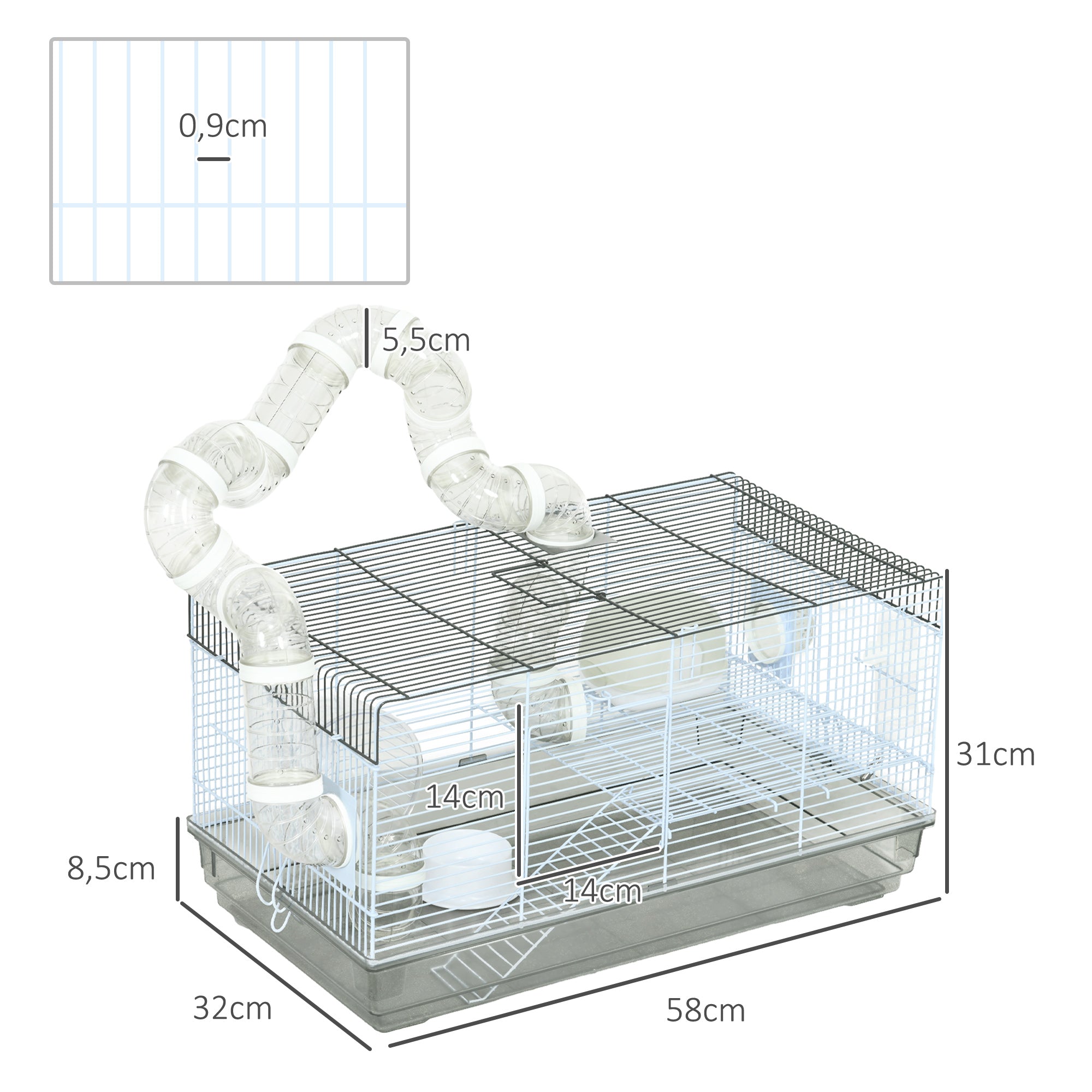 Hamster Cage, Rodent Cage, with Tunnel and Accessories Included, Hamster Cage, Handle, Steel Wire, 58 x 32 x 31 cm, Gray