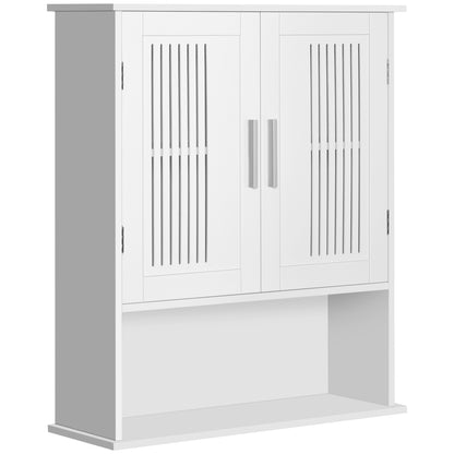 Wall Mounted Bathroom Cabinet Multi-purpose Suspended Bathroom Furniture Hanging Storage Cabinet with 2 Slat Doors Adjustable Shelf and Compartment 60x20x70 cm White