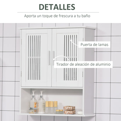 Wall Mounted Bathroom Cabinet Multi-purpose Suspended Bathroom Furniture Hanging Storage Cabinet with 2 Slat Doors Adjustable Shelf and Compartment 60x20x70 cm White
