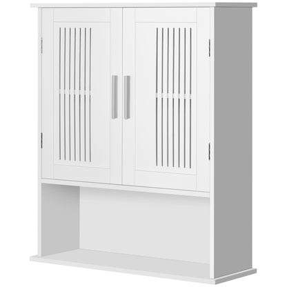 Wall Mounted Bathroom Cabinet Multi-purpose Suspended Bathroom Furniture Hanging Storage Cabinet with 2 Slat Doors Adjustable Shelf and Compartment 60x20x70 cm White