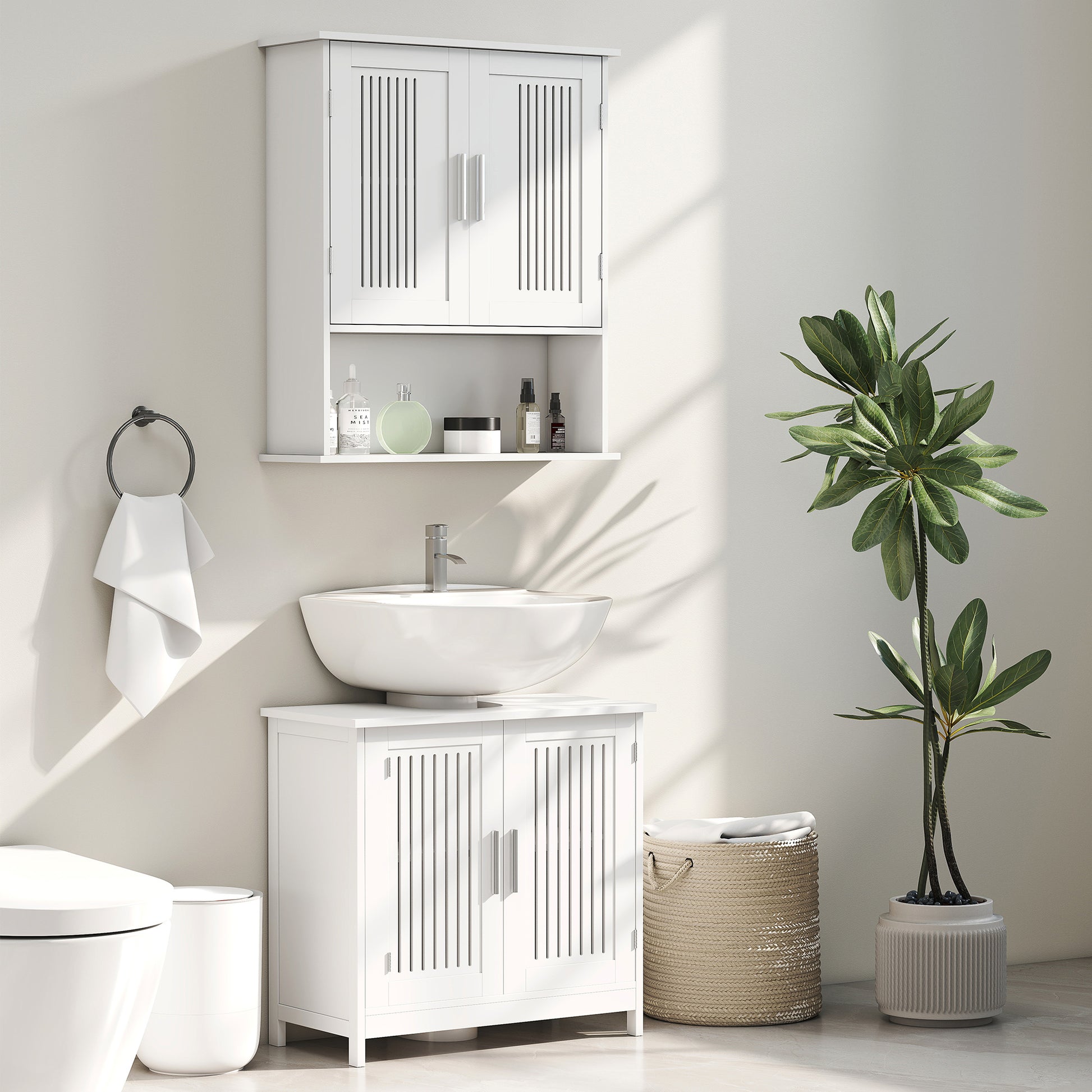 Wall Mounted Bathroom Cabinet Multi-purpose Suspended Bathroom Furniture Hanging Storage Cabinet with 2 Slat Doors Adjustable Shelf and Compartment 60x20x70 cm White