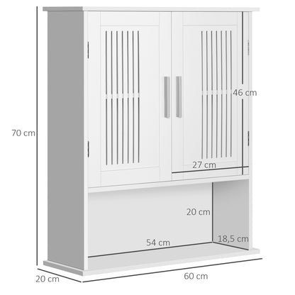 Wall Mounted Bathroom Cabinet Multi-purpose Suspended Bathroom Furniture Hanging Storage Cabinet with 2 Slat Doors Adjustable Shelf and Compartment 60x20x70 cm White