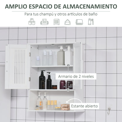 Wall Mounted Bathroom Cabinet Multi-purpose Suspended Bathroom Furniture Hanging Storage Cabinet with 2 Slat Doors Adjustable Shelf and Compartment 60x20x70 cm White