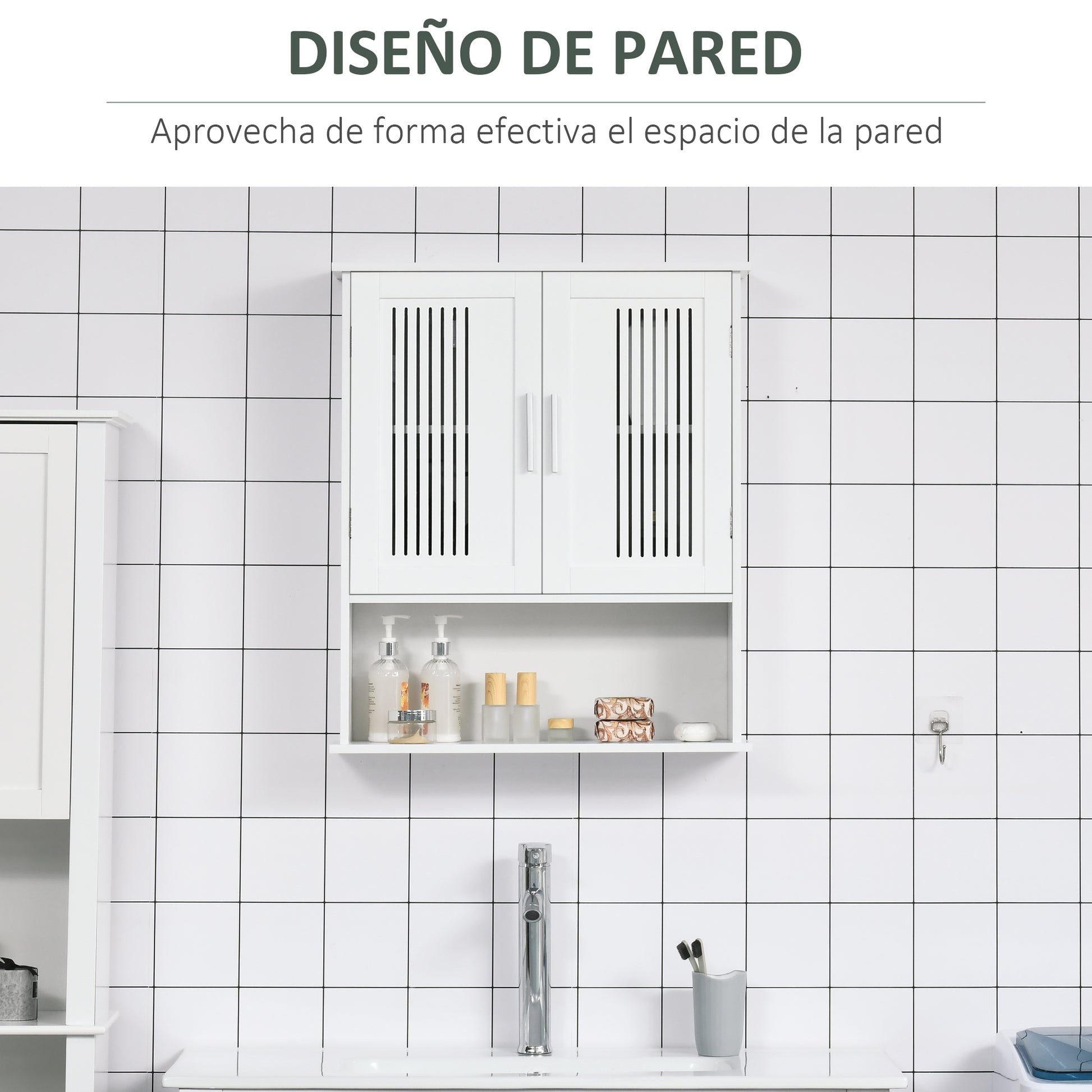 Wall Mounted Bathroom Cabinet Multi-purpose Suspended Bathroom Furniture Hanging Storage Cabinet with 2 Slat Doors Adjustable Shelf and Compartment 60x20x70 cm White