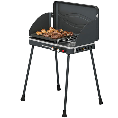 Portable 2-Burner Gas Grill — 2-in-1 Tabletop & Stand, 20,000 BTU, Folding Legs, Nonstick Griddle, Windshield & Lid Latch — Camping BBQ