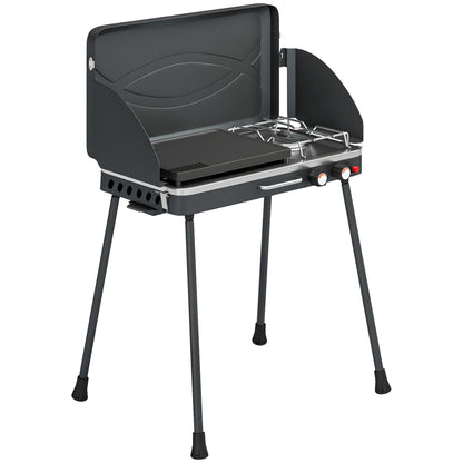 Portable 2-Burner Gas Grill — 2-in-1 Tabletop & Stand, 20,000 BTU, Folding Legs, Nonstick Griddle, Windshield & Lid Latch — Camping BBQ