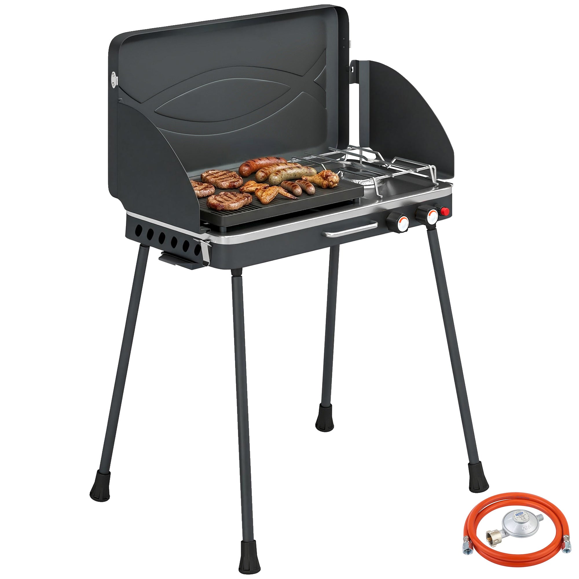 Portable 2-Burner Gas Grill — 2-in-1 Tabletop & Stand, 20,000 BTU, Folding Legs, Nonstick Griddle, Windshield & Lid Latch — Camping BBQ