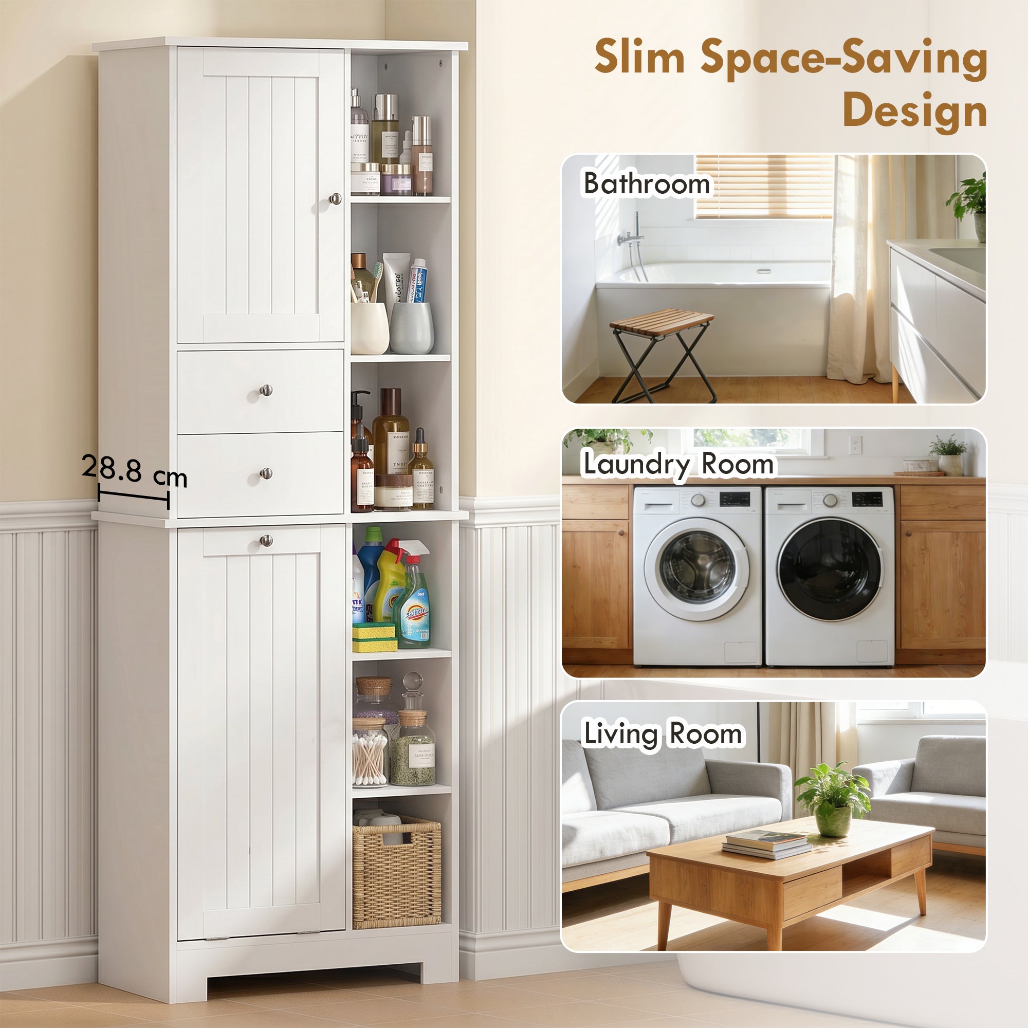 Narrow Bathroom Cabinet, Tall Storage with Pull-Out Laundry Basket, Open Shelf, 2 Drawers and Soft-Close Doors for Bathroom & Kitchen, White, 23.6 x 11.3 x 67.3 in (60 x 28.8 x 171 cm)