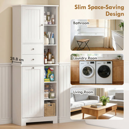 Narrow Bathroom Cabinet, Tall Storage with Pull-Out Laundry Basket, Open Shelf, 2 Drawers and Soft-Close Doors for Bathroom & Kitchen, White, 23.6 x 11.3 x 67.3 in (60 x 28.8 x 171 cm)
