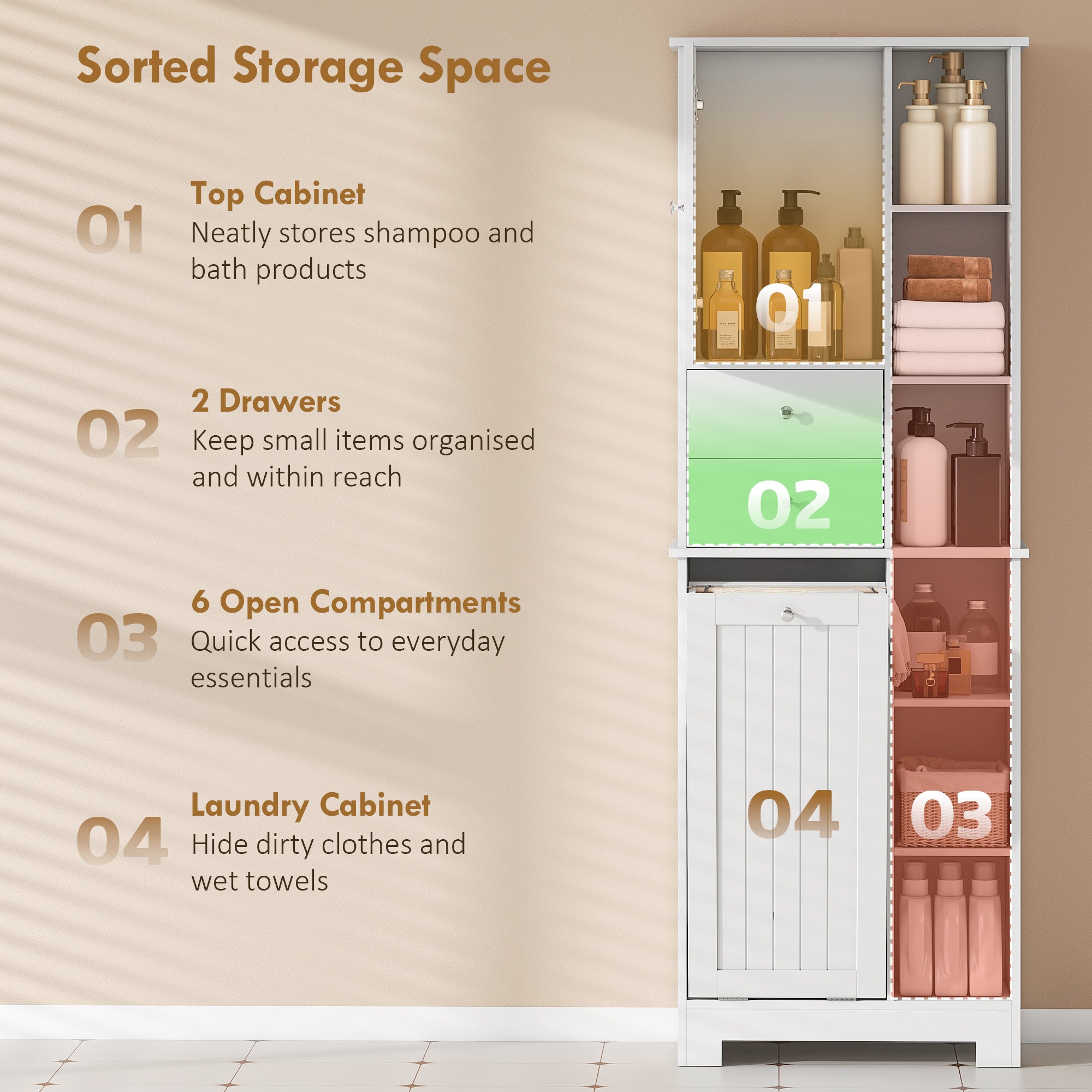 Narrow Bathroom Cabinet, Tall Storage with Pull-Out Laundry Basket, Open Shelf, 2 Drawers and Soft-Close Doors for Bathroom & Kitchen, White, 23.6 x 11.3 x 67.3 in (60 x 28.8 x 171 cm)