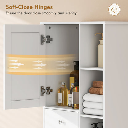 Narrow Bathroom Cabinet, Tall Storage with Pull-Out Laundry Basket, Open Shelf, 2 Drawers and Soft-Close Doors for Bathroom & Kitchen, White, 23.6 x 11.3 x 67.3 in (60 x 28.8 x 171 cm)