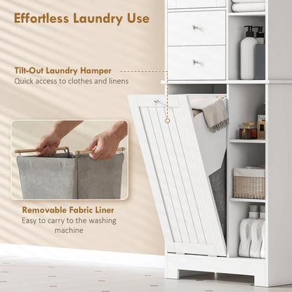 Narrow Bathroom Cabinet, Tall Storage with Pull-Out Laundry Basket, Open Shelf, 2 Drawers and Soft-Close Doors for Bathroom & Kitchen, White, 23.6 x 11.3 x 67.3 in (60 x 28.8 x 171 cm)