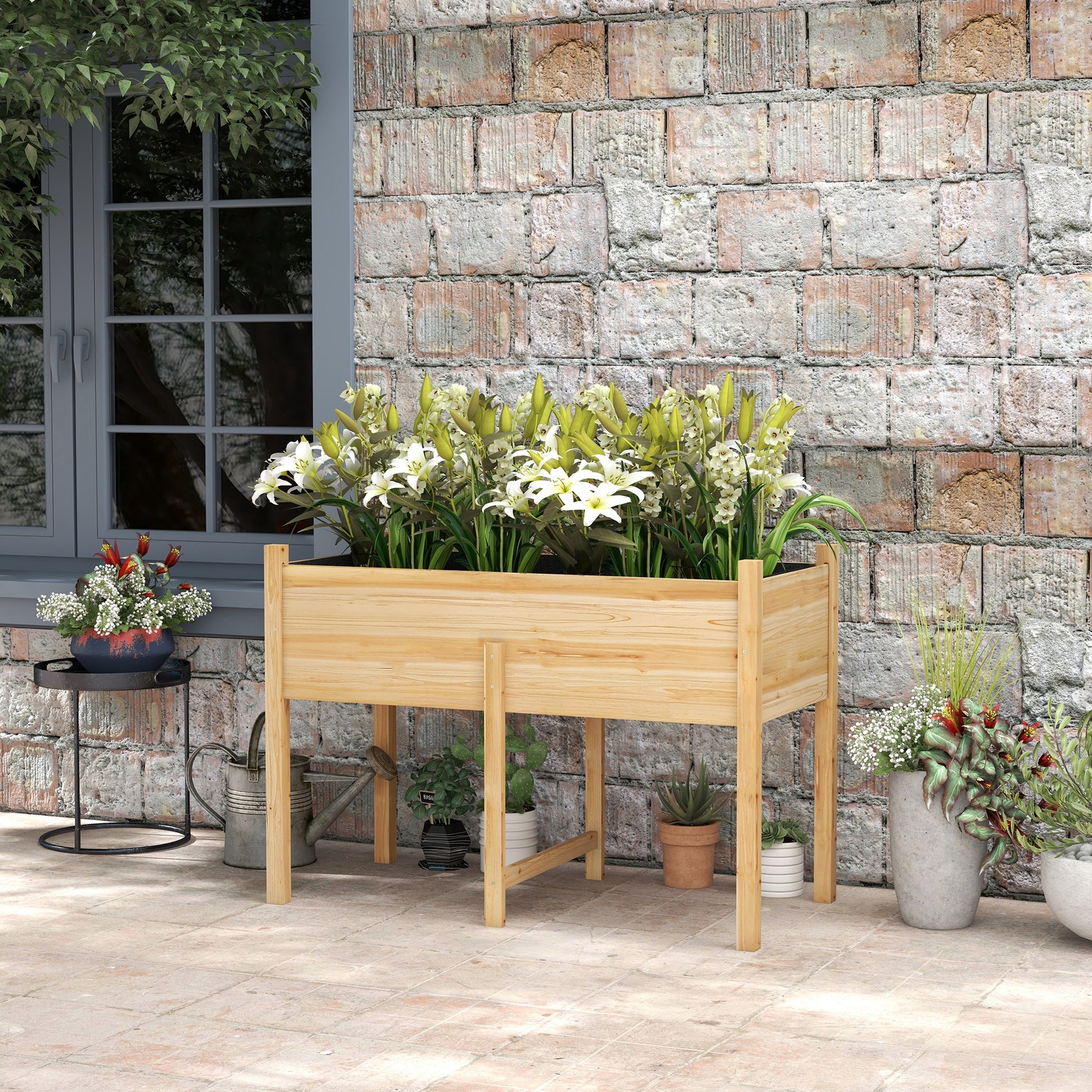 Raised Urban Garden Wooden Planting Table 115x55x80 cm Planter with Non-Woven Fabric for Growing Plants Flowers Vegetables Natural