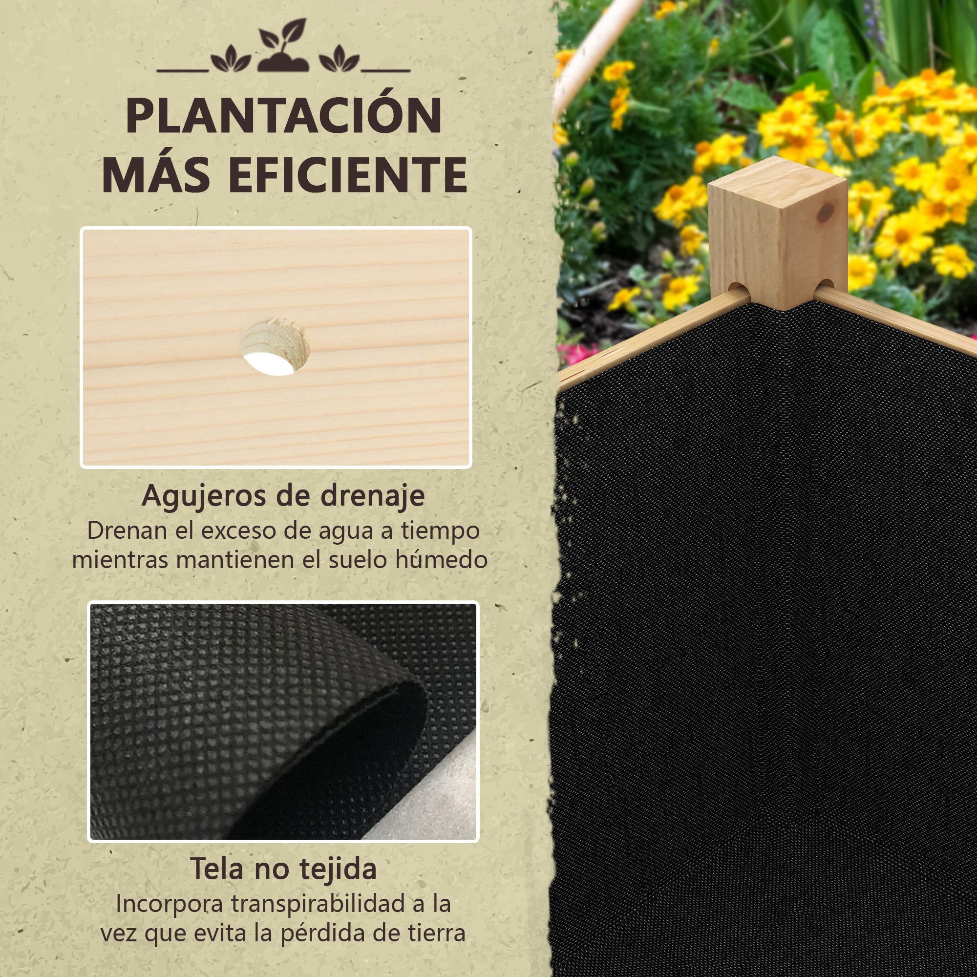 Raised Urban Garden Wooden Planting Table 115x55x80 cm Planter with Non-Woven Fabric for Growing Plants Flowers Vegetables Natural