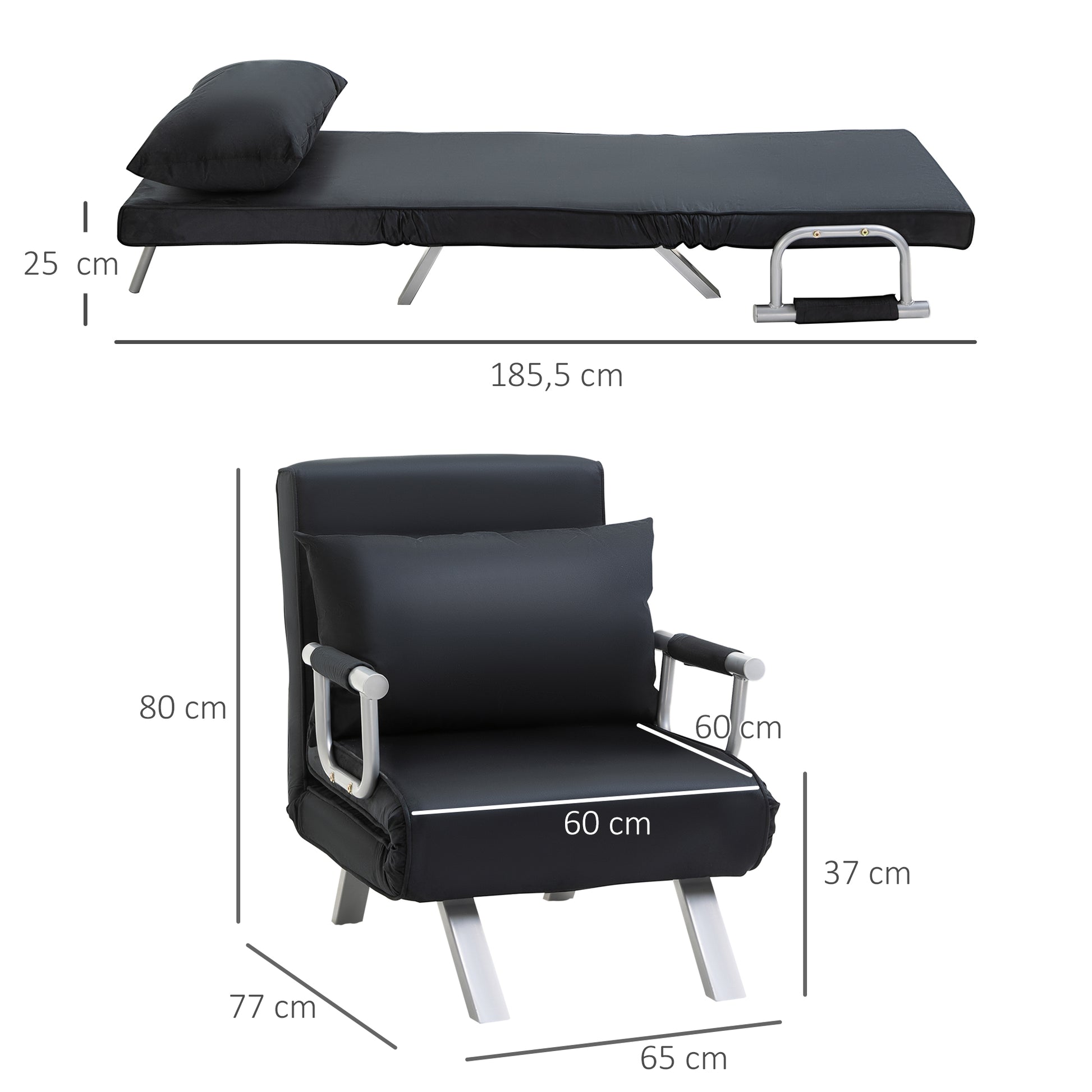 Sofa Bed Sleeper Couch with Adjustable Backrest, Throw Pillow, Sofa Bed Function, Velvet Look, Armrest, Guest Bed, Folding Chair for Living Room, Bedroom, Black