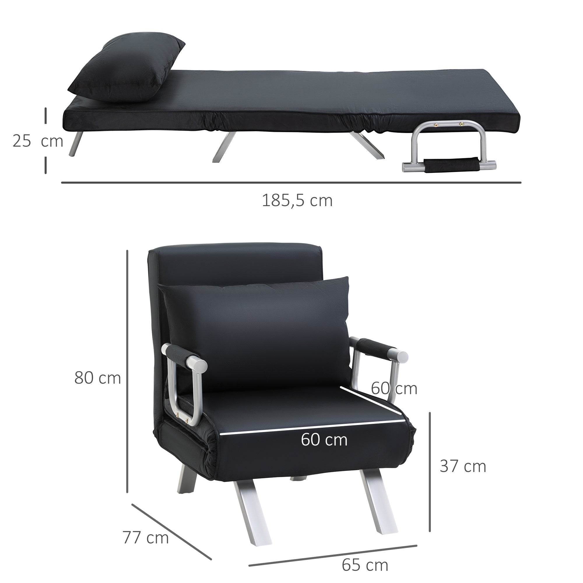 Sofa Bed Sleeper Couch with Adjustable Backrest, Throw Pillow, Sofa Bed Function, Velvet Look, Armrest, Guest Bed, Folding Chair for Living Room, Bedroom, Black