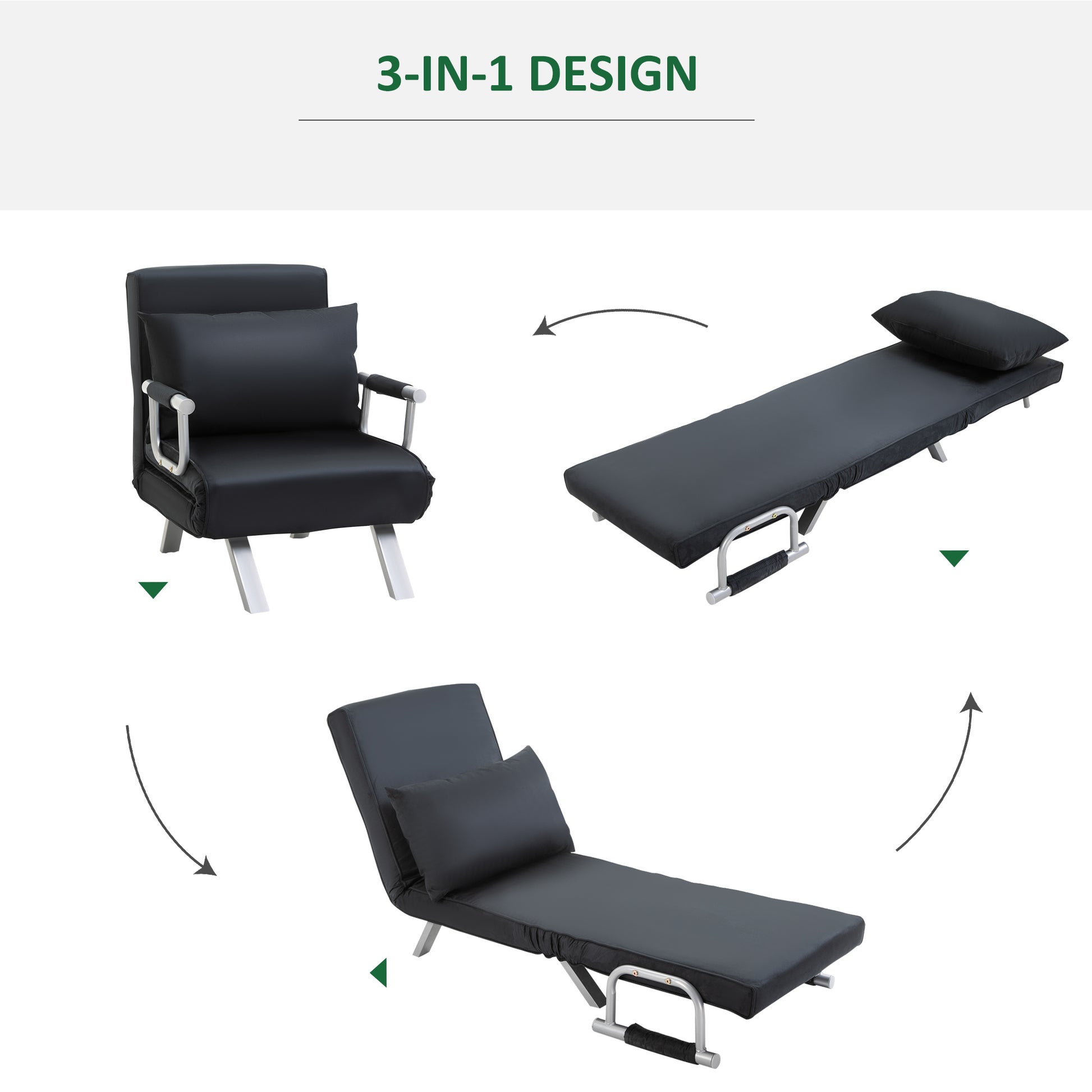 Sofa Bed Sleeper Couch with Adjustable Backrest, Throw Pillow, Sofa Bed Function, Velvet Look, Armrest, Guest Bed, Folding Chair for Living Room, Bedroom, Black