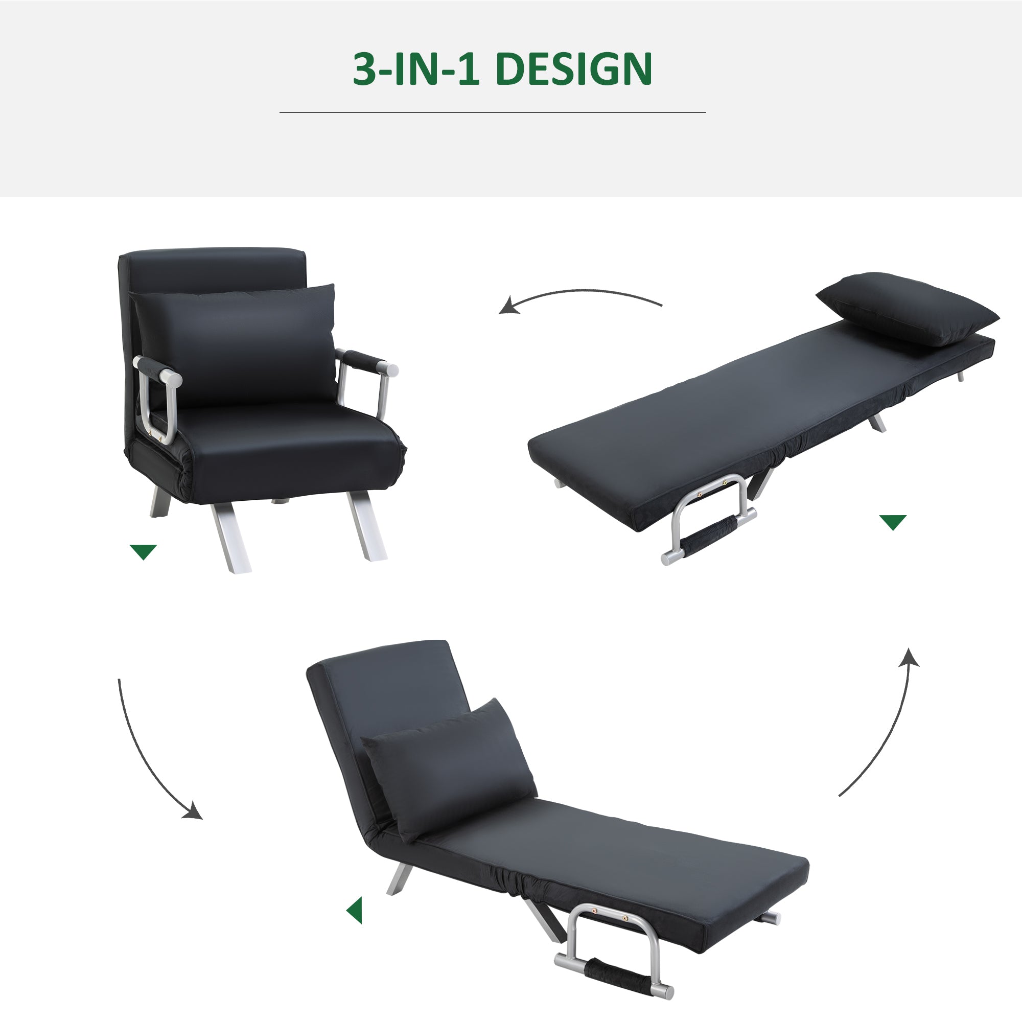 Sofa Bed Sleeper Couch with Adjustable Backrest, Throw Pillow, Sofa Bed Function, Velvet Look, Armrest, Guest Bed, Folding Chair for Living Room, Bedroom, Black