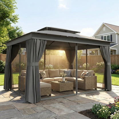 Gazebo 3.8 x 3 m — Water-Resistant, Stable, Weather-Resistant Garden Gazebo with Double Roof, Curtains & Mosquito Net, Party Tent with Hooks, Metal Frame, Dark Gray