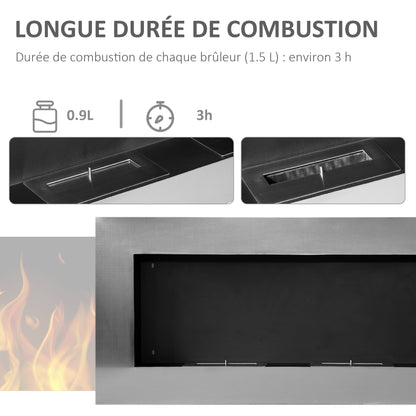 Wall-Mounted Built-in Bioethanol Fireplace with 2 x 0.9 L Burner, approximately 3 hours of burning time 110L x 14W x 54H cm Covering 25-30 m² Stainless Steel