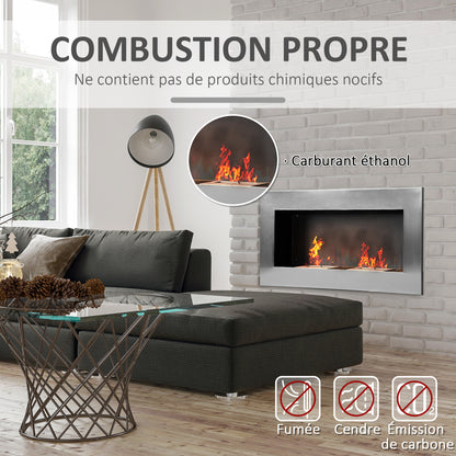 Wall-Mounted Built-in Bioethanol Fireplace with 2 x 0.9 L Burner, approximately 3 hours of burning time 110L x 14W x 54H cm Covering 25-30 m² Stainless Steel