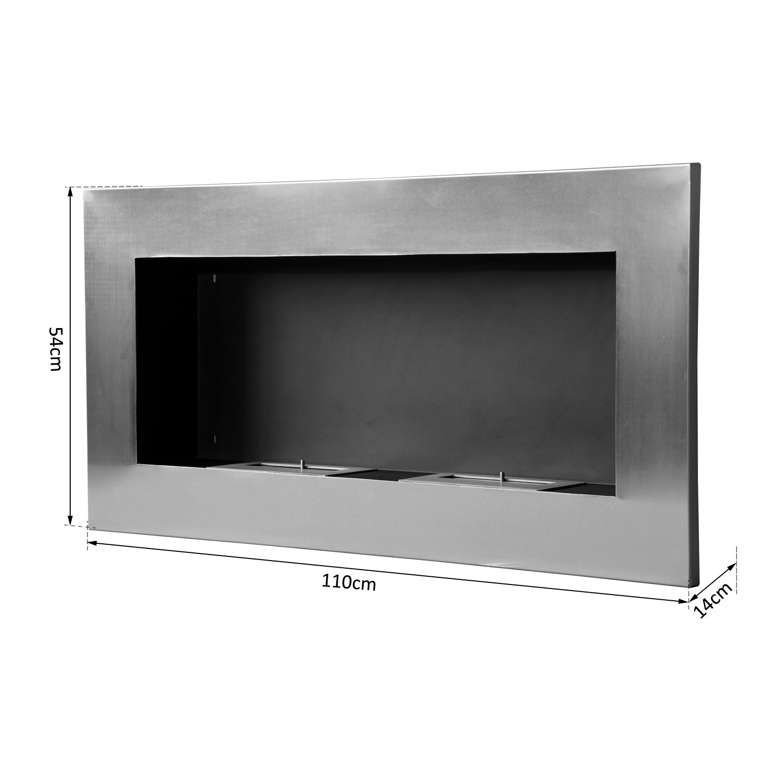 Wall-Mounted Built-in Bioethanol Fireplace with 2 x 0.9 L Burner, approximately 3 hours of burning time 110L x 14W x 54H cm Covering 25-30 m² Stainless Steel