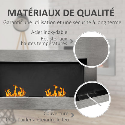 Wall-Mounted Built-in Bioethanol Fireplace with 2 x 0.9 L Burner, approximately 3 hours of burning time 110L x 14W x 54H cm Covering 25-30 m² Stainless Steel