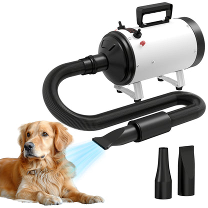 Dog Hair Dryer, Professional Dog Blower 2200W with 3 Different Nozzles, Low Noise Pet Hair Dryer, 3 Adjustable Temperatures, Variable Wind Speed, White