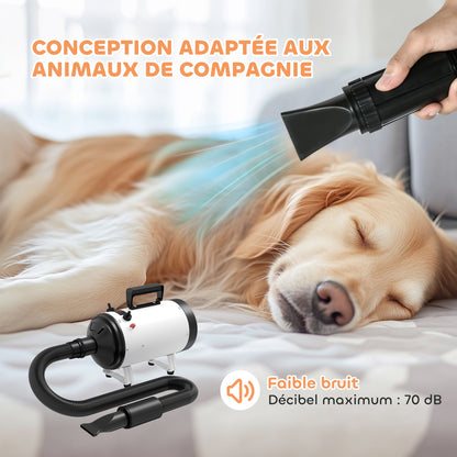 Dog Hair Dryer, Professional Dog Blower 2200W with 3 Different Nozzles, Low Noise Pet Hair Dryer, 3 Adjustable Temperatures, Variable Wind Speed, White