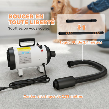 Dog Hair Dryer, Professional Dog Blower 2200W with 3 Different Nozzles, Low Noise Pet Hair Dryer, 3 Adjustable Temperatures, Variable Wind Speed, White