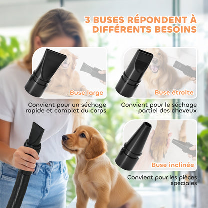 Dog Hair Dryer, Professional Dog Blower 2200W with 3 Different Nozzles, Low Noise Pet Hair Dryer, 3 Adjustable Temperatures, Variable Wind Speed, White