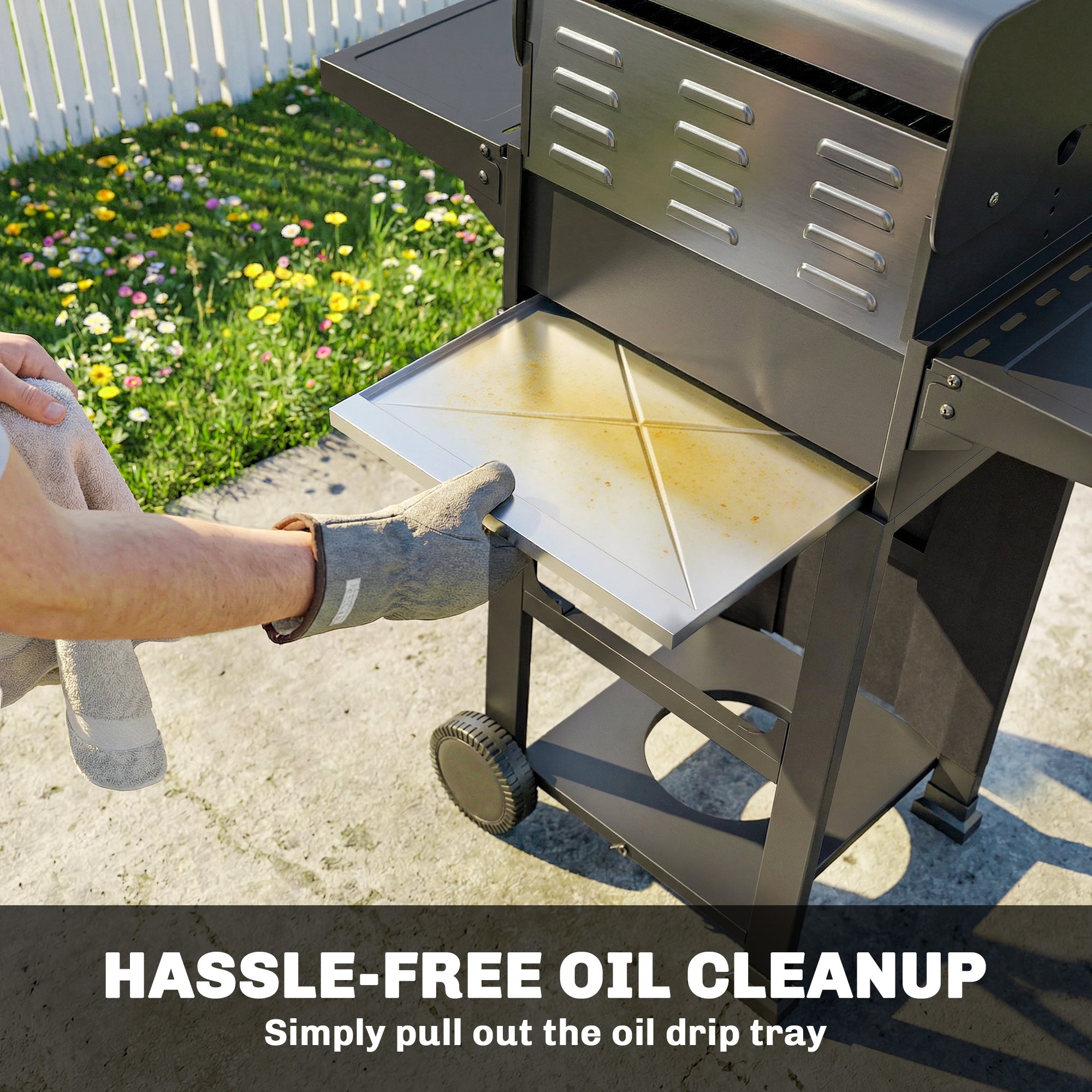 5.4 kW 2-Burner Propane Gas Grill Cart — Steel BBQ with Folding Side Shelves, Lid Thermometer, Chrome Cooking Grates, Warming Rack, Wheels & Storage Cabinet — Black