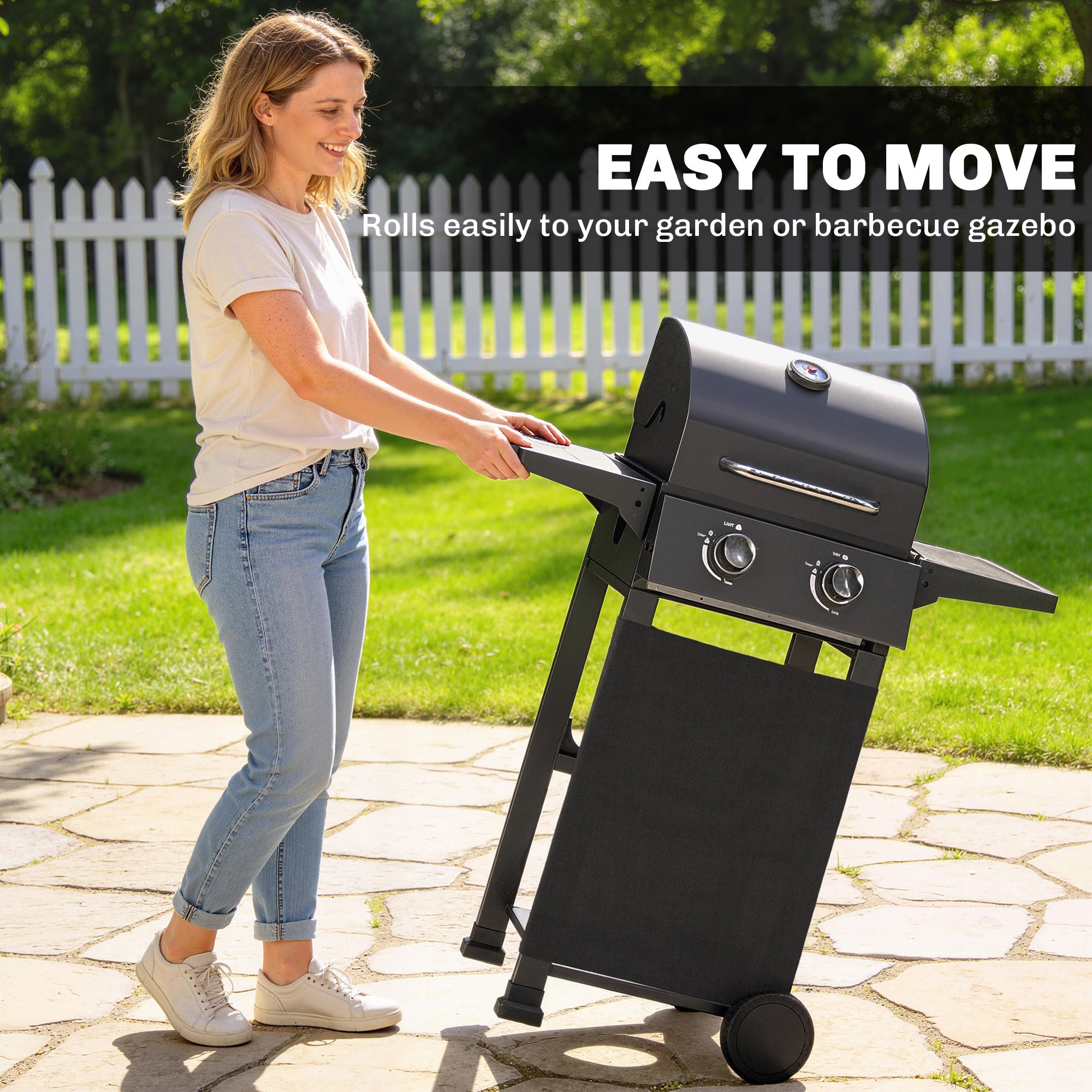 5.4 kW 2-Burner Propane Gas Grill Cart — Steel BBQ with Folding Side Shelves, Lid Thermometer, Chrome Cooking Grates, Warming Rack, Wheels & Storage Cabinet — Black