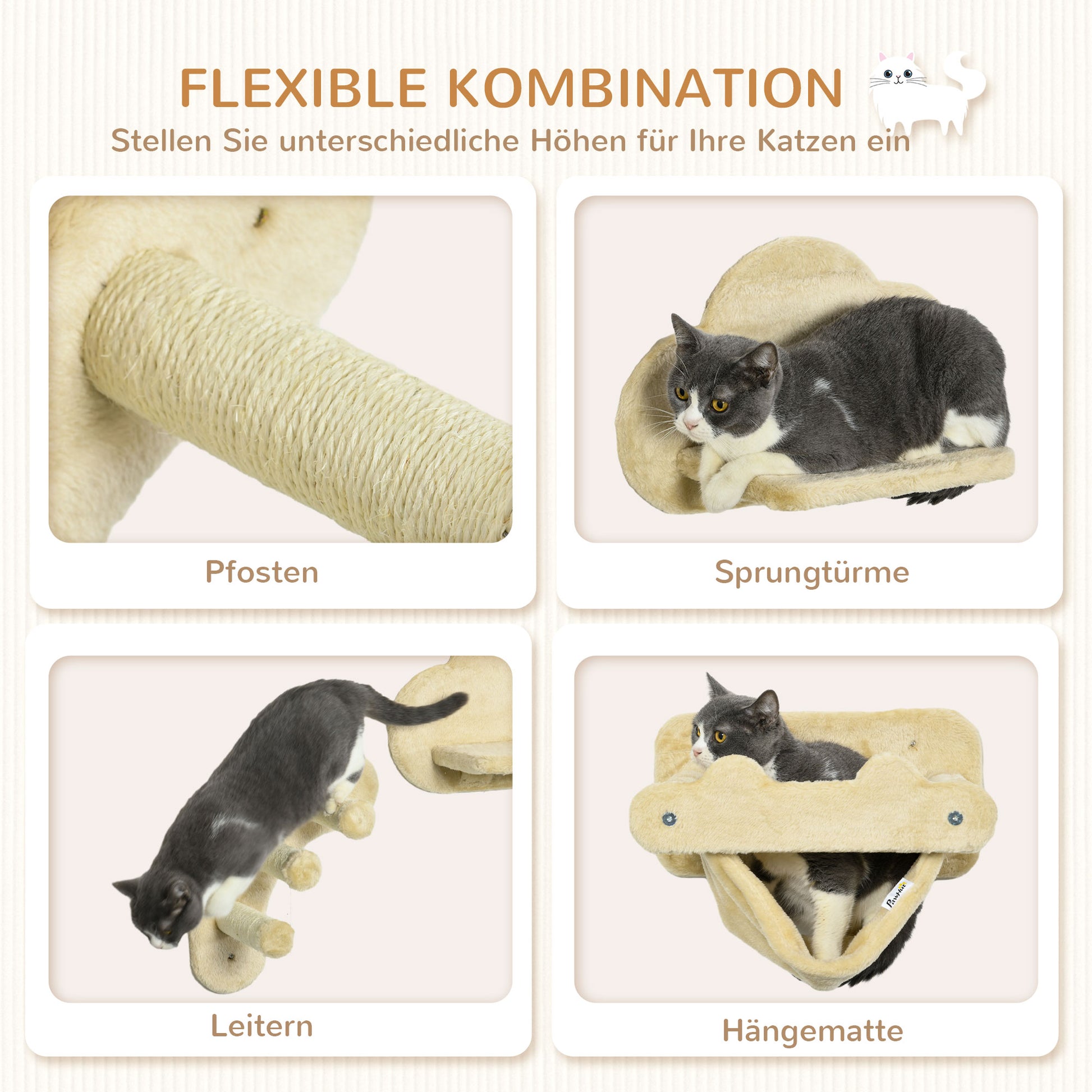 Climbing Wall for Cats 4 Pieces, Climbing Cat Tree including Cat Staircase, Hammock, Jumping Platform, Wall Cat Furniture for Cats up to 5 kg, Plush, Beige