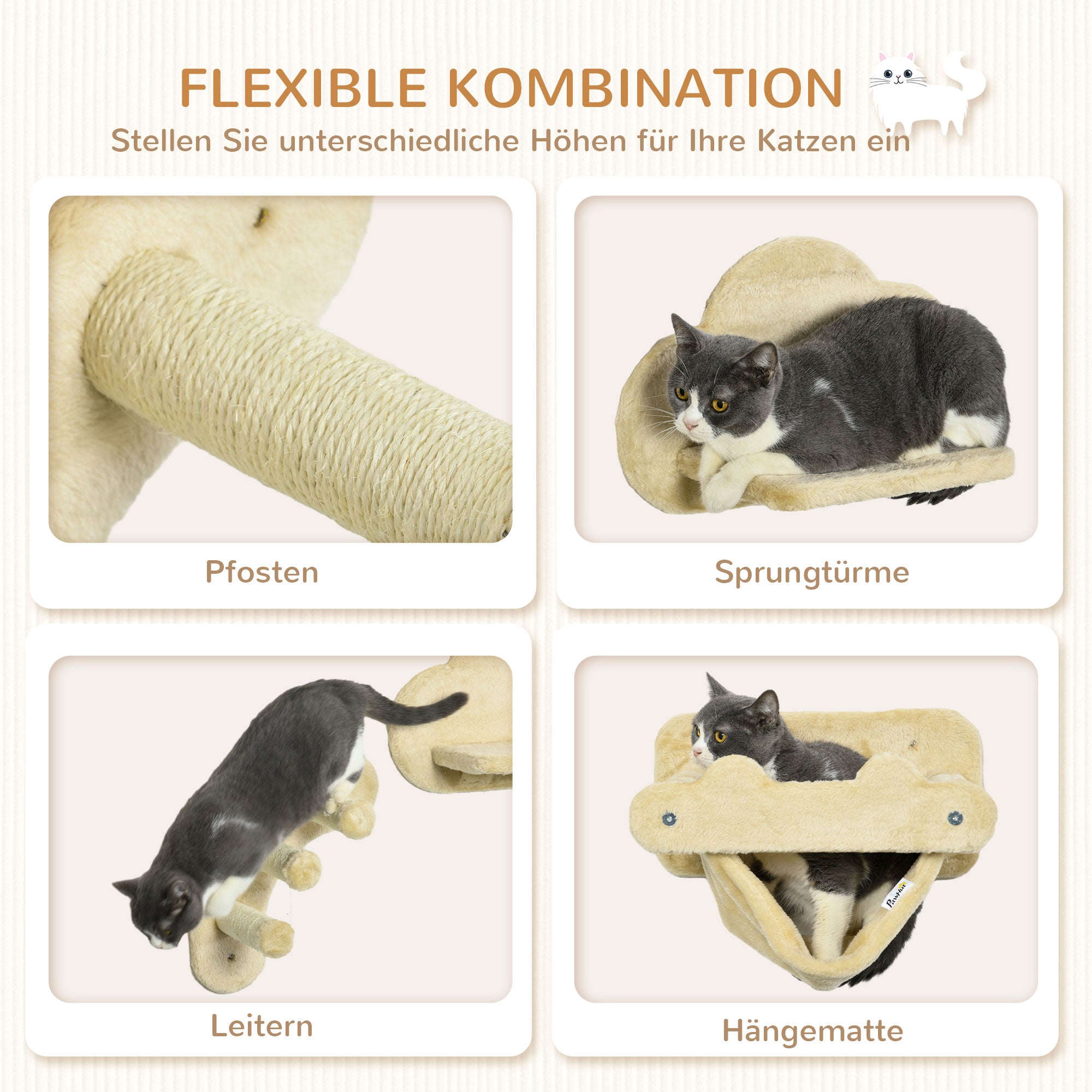 Climbing Wall for Cats 4 Pieces, Climbing Cat Tree including Cat Staircase, Hammock, Jumping Platform, Wall Cat Furniture for Cats up to 5 kg, Plush, Beige