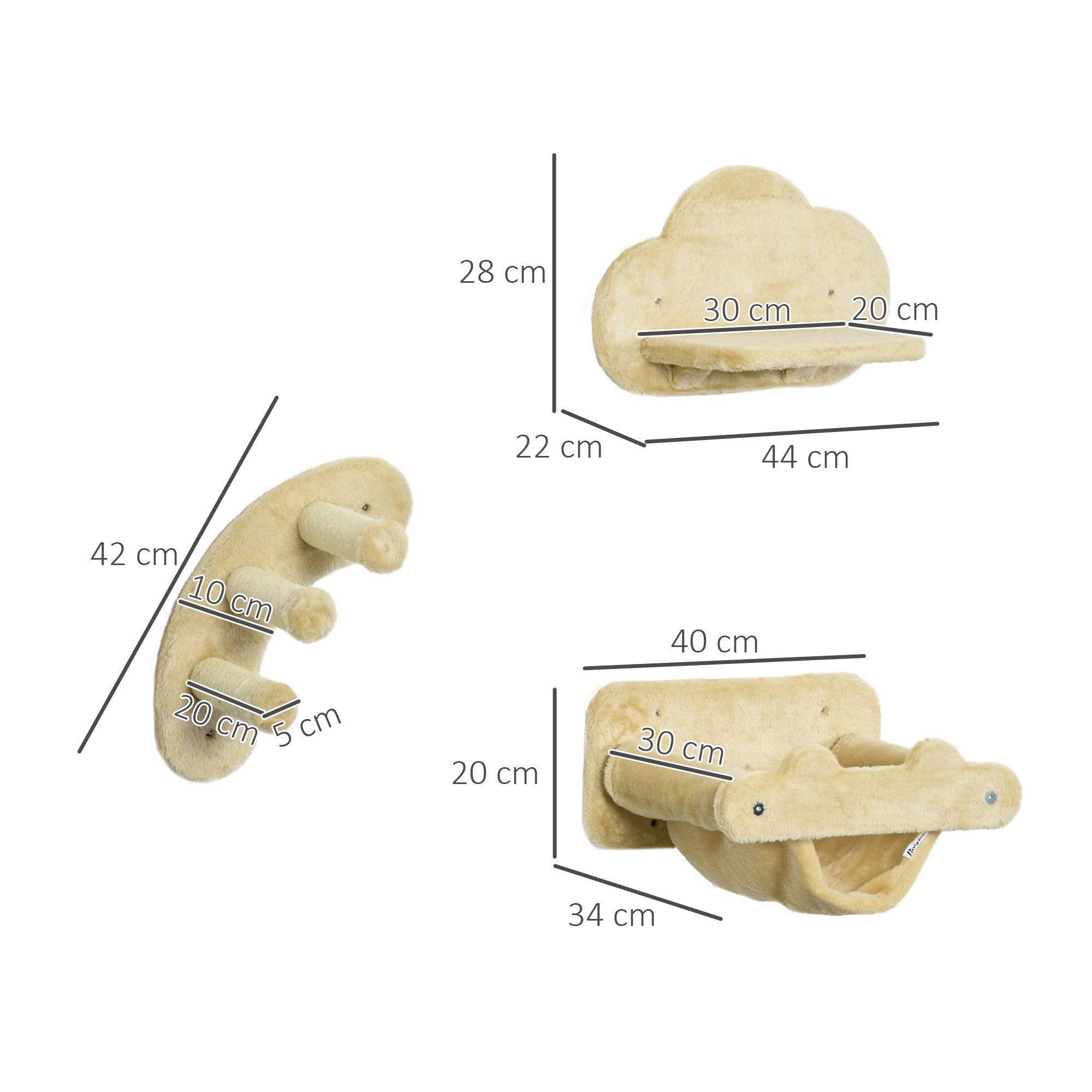 Climbing Wall for Cats 4 Pieces, Climbing Cat Tree including Cat Staircase, Hammock, Jumping Platform, Wall Cat Furniture for Cats up to 5 kg, Plush, Beige