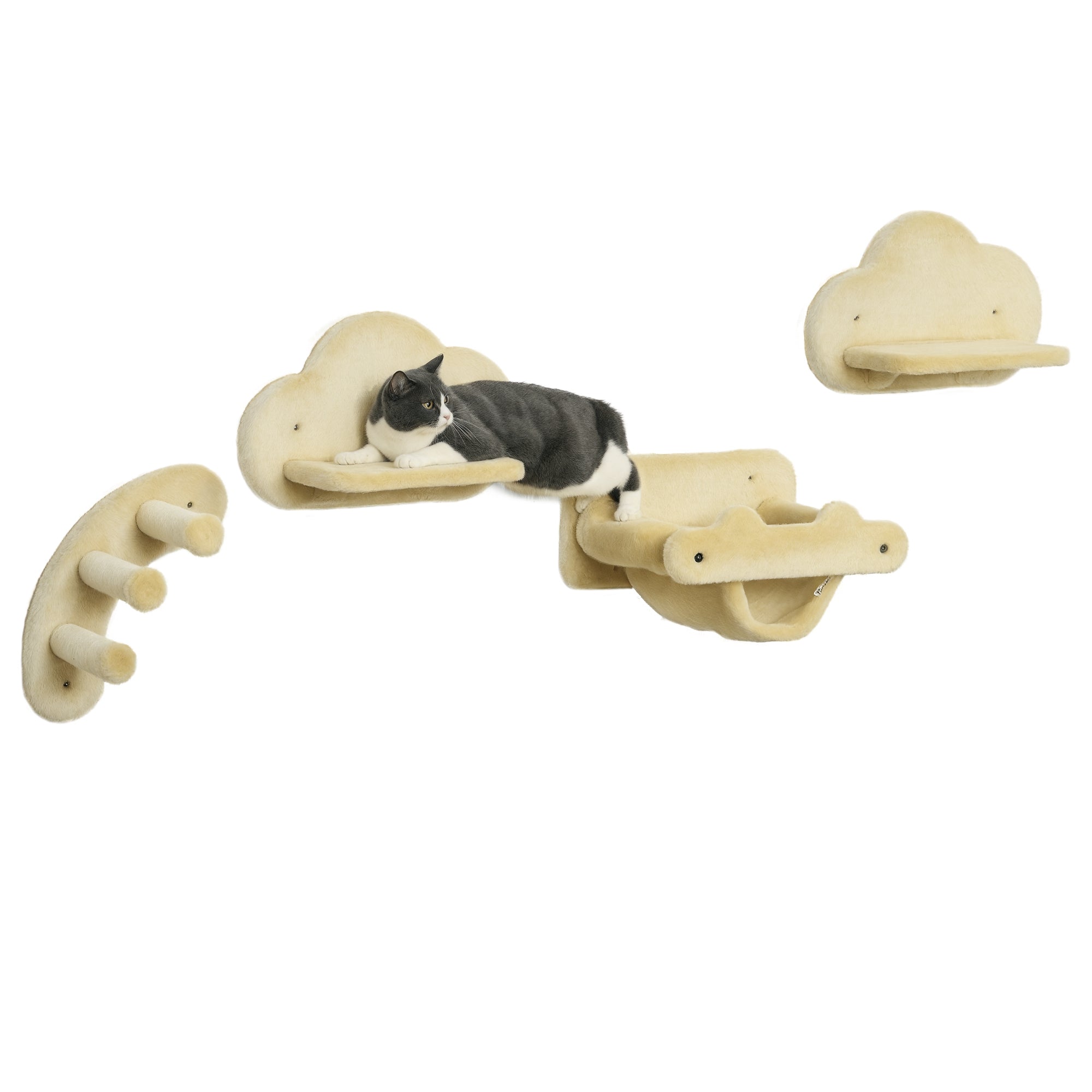 Climbing Wall for Cats 4 Pieces, Climbing Cat Tree including Cat Staircase, Hammock, Jumping Platform, Wall Cat Furniture for Cats up to 5 kg, Plush, Beige