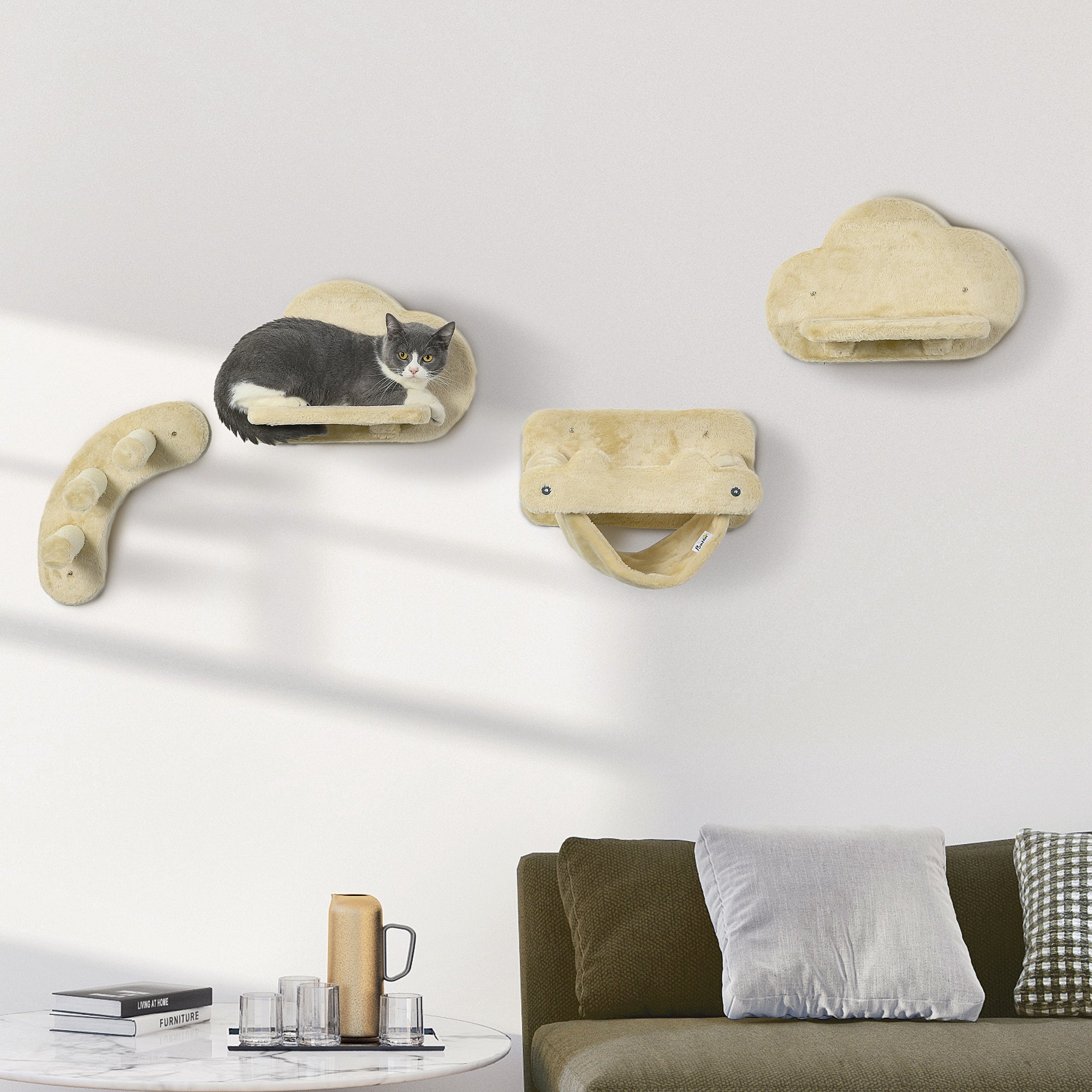 Climbing Wall for Cats 4 Pieces, Climbing Cat Tree including Cat Staircase, Hammock, Jumping Platform, Wall Cat Furniture for Cats up to 5 kg, Plush, Beige