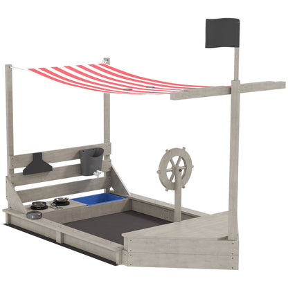 Sandbox Sandpit Large with Cover in Ship Design Mud Box Made of Wood Sailboat Playhouse with Kitchen Playset Storage for Children 3-7 Years Gray 180 x 103 x 144.5 cm