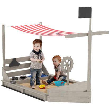 Sandbox Sandpit Large with Cover in Ship Design Mud Box Made of Wood Sailboat Playhouse with Kitchen Playset Storage for Children 3-7 Years Gray 180 x 103 x 144.5 cm
