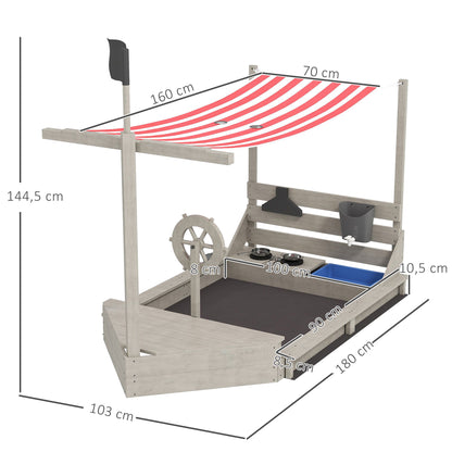 Sandbox Sandpit Large with Cover in Ship Design Mud Box Made of Wood Sailboat Playhouse with Kitchen Playset Storage for Children 3-7 Years Gray 180 x 103 x 144.5 cm