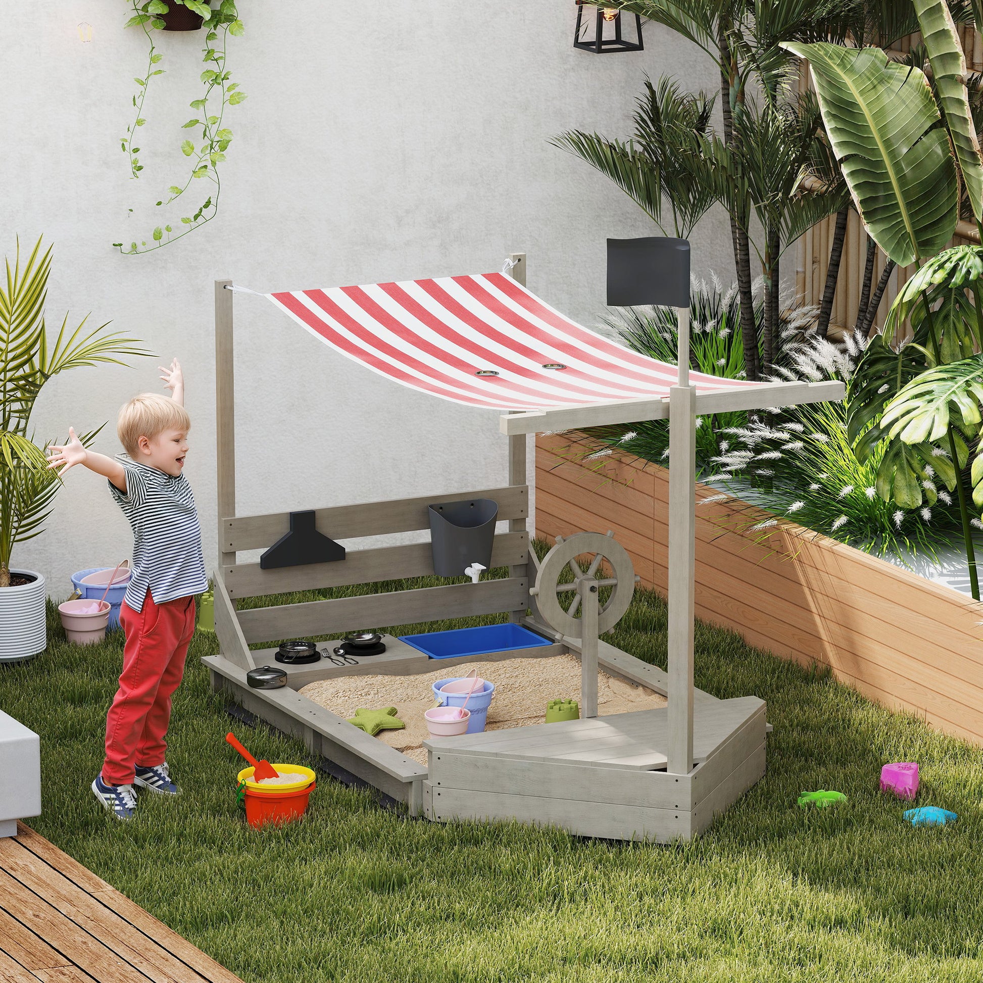 Sandbox Sandpit Large with Cover in Ship Design Mud Box Made of Wood Sailboat Playhouse with Kitchen Playset Storage for Children 3-7 Years Gray 180 x 103 x 144.5 cm